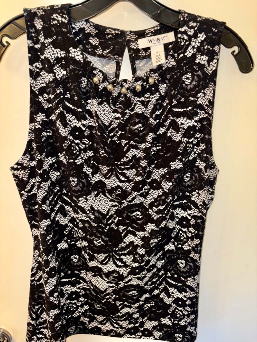 White House Black Market Black & White Lace Pearl-Accent Camisole
